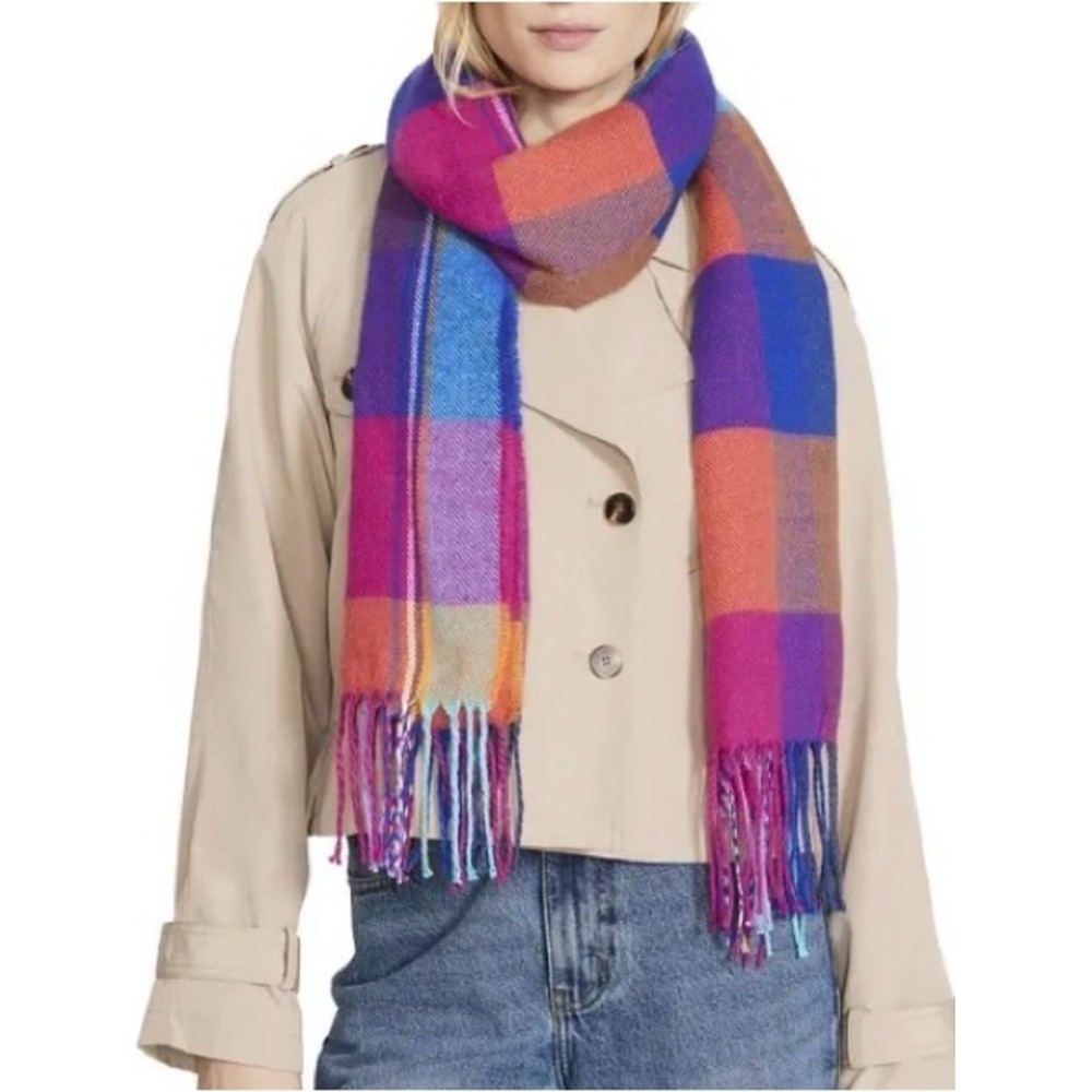 Steve Madden Multicolor Plaid Fringe Scarf Pink Blue Orange Purple NWT NEW 98072